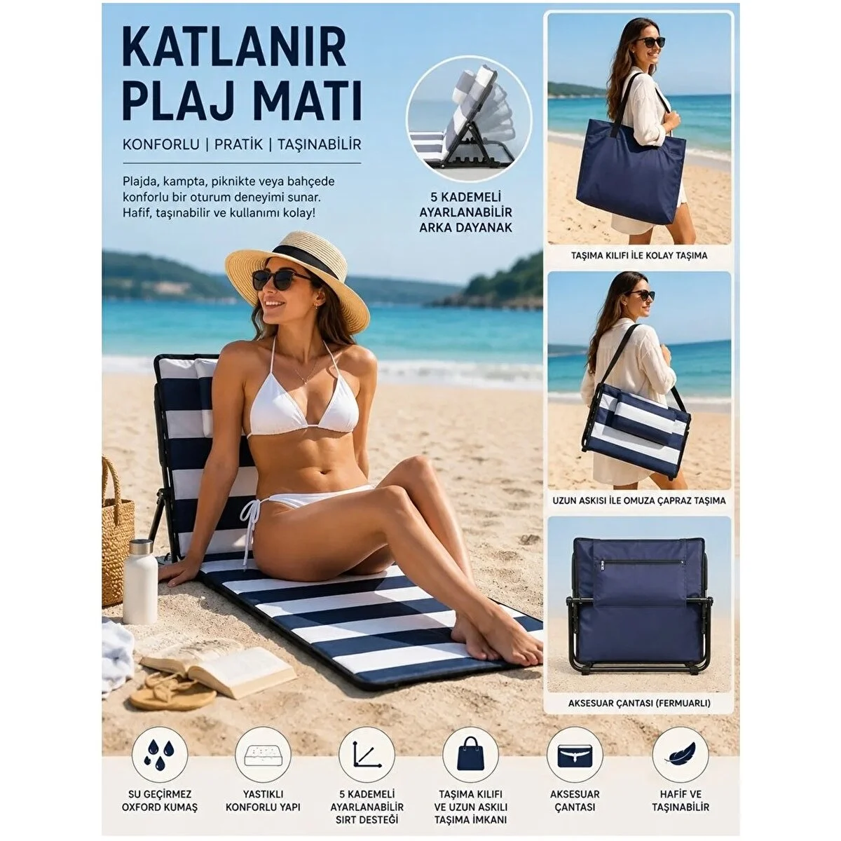 Katlanabilir Plaj Yatağı Şezlong Minderi Yastıklı 5 Kademeli Sırt Ayarlı Taşıma Çantalı 145x50 Cm Lacivert Beyaz