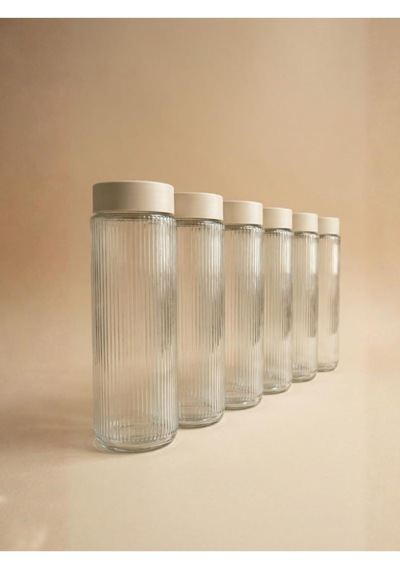 Cam Saklama Kabı Seti, Krem Plastik Kapaklı, 1350 Ml, 9cm X 20cm, 6'li Set