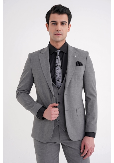 Efor Slim Fit Çift Yırtmaç Ekoseli Esnek Yünlü Yelekli Klasik Füme Takım Elbise Tk 934 Füme