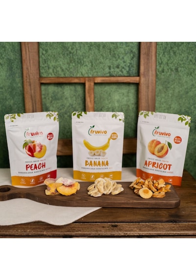 Fruvivo 3'lü Freeze Dry Paket - Şeftali + Muz + Kayısı - Dondurularak Kurutulmuş Meyve Cipsi Şeker İlavesiz %100 Doğal Vegan 75 G
