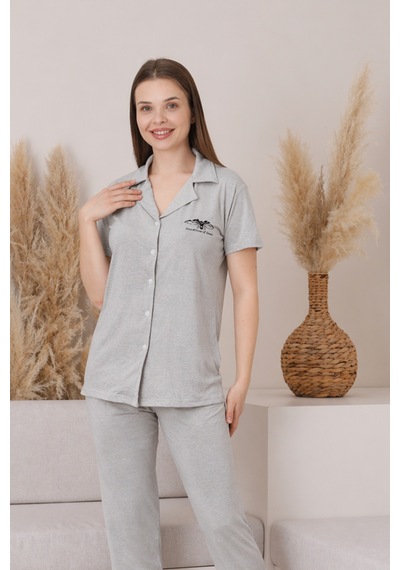 Wordex Mirano 2950 Polyviscon Kumaş Kısa Kollu Düğmeli Kadın Pijama Takımı Taş