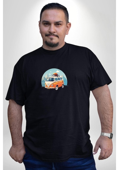 Angemiel Wolkswagen Karavan Kış Gezisi Siyah Büyük Beden Erkek Kadın Unisex Basic Ön Baskılı Tişört Siyah