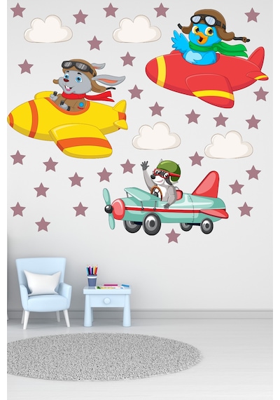 Sevimli Pilot Hayvanlar ve Yıldızlar Çocuk Odası Duvar Sticker