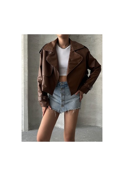 Meecy Oversize Taba Deri Ceket Taba Taba
