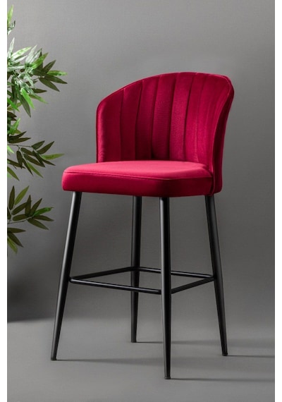 Rubi Bar Sandalye - Babyface Bordo - Siyah Metal Ayak - Bar Taburesi / Bar Sandalyesi 4 Adet Bordo