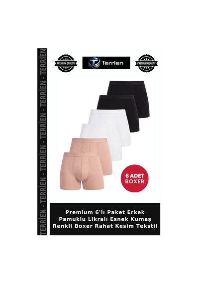 Terrien Premium 6'lı Paket Erkek Pamuklu Likralı Esnek Kumaş Renkli Boxer Rahat Kesim Tekstil 2siy 2bey 2ten