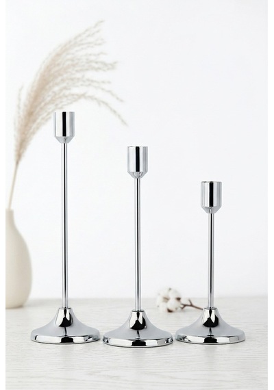 Dekoratif Gümüş Metal Mumluk Seti - 3 Farklı Boy 22cm, 19cm, 15cm