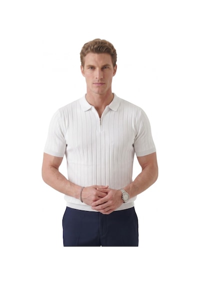 Deepsea Erkek Beyaz Polo Yaka Fermuarlı Çizgi Dokulu Regular Fit Likralı Triko Tişört 2608008 Deepsea Erkek Beyaz Polo Yaka Fermuarlı Çizgi Dokulu Regular Fit Likralı Triko Tişört 2608008