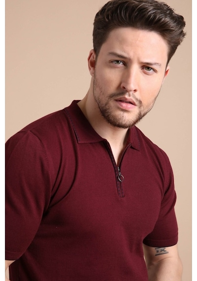 Ferraro Bordo Polo Yaka Fermuarlı Erkek Pamuk Triko T-Shirt-Bordo (417942847) Bordo