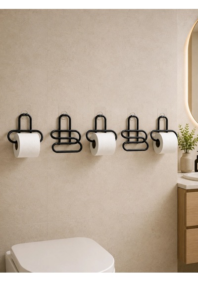 Siyah Metal Tuvalet Kağıdı Tutucu 5 Li Set Yapışkanlı Duvar Tipi Banyo Wc Askısı Renkli