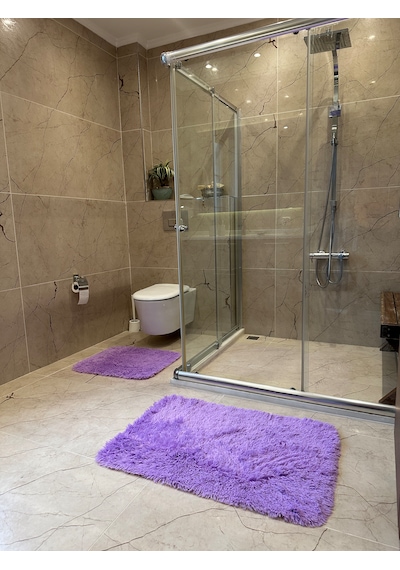 Tavşan Lila Kaymaz Tabanlı 2'li Banyo Halısı Seti