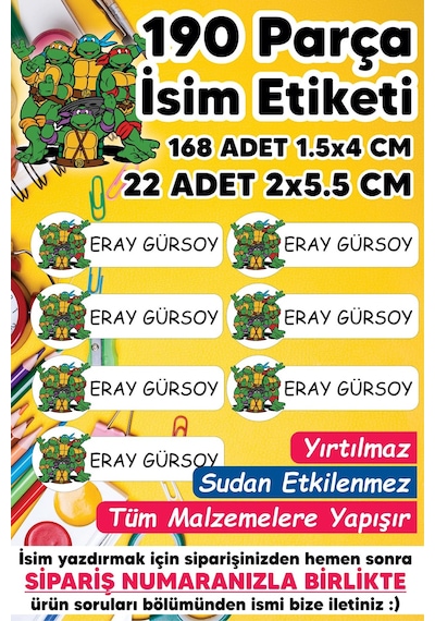 Okul Etiketi Kalem Defter Etiketi Ninja Kaplumbağa Temalı Isim Yazılabilen Etiket - 190 Adet