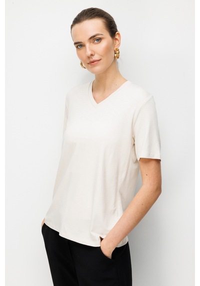 Kadın V Yaka Flamlı Kumaş Basic Tshirt Bej Bej