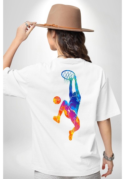 Smaç Basketbol Renkli Beyaz Oversize Unisex Ön Ve Sırt Baskılı Tişört Beyaz