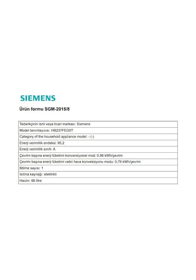Siemens HB237FEG0T 66 LT Ankastre Fırın