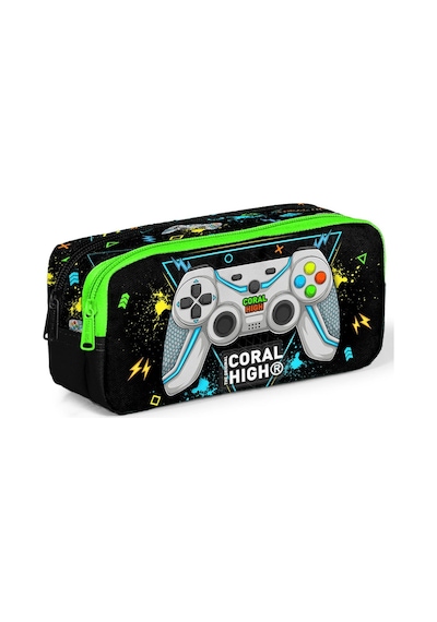Coral High Kids Siyah Fosforlu Yeşil Gamer Desenli İki Bölmeli Kalem Çantası 12087