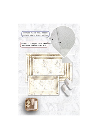 Dijital Baskı Mermer Desenli Kaymaz Taban 2li Set Banyo Paspası Klozet Takımı 50x60cm-60x100cm Gold