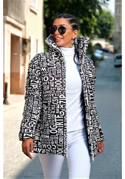 Keyifli Moda Kadın Siyah Beyaz Yazılı Dik Yaka Uzun Şişme Mont