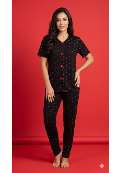 Sleeproom Yazlık Siyah Kırmızı Kalp Desenli Kısa Kol Penye %100 Pamuk Pijama Takım