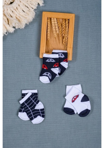 Cocole Socks Erkek Çocuk Soket Çorabı 3 Lü Set Pamuklu Araba & Ekose Desenli Çok Renkli