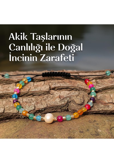 Renkli Akik Ve Gerçek İncili Ayarlanabilir Doğal Taş Bileklik 4mm Yeşil