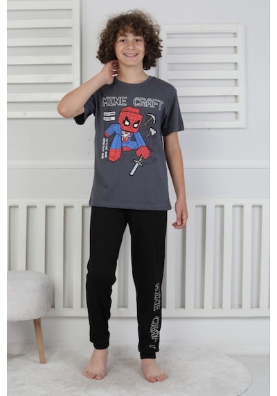 Bunny Hopp Erkek Çocuk Yazlık Kısa Kollu Baskılı Pijama Takımı %100 Pamuk 8-13 Yaş Antrasit