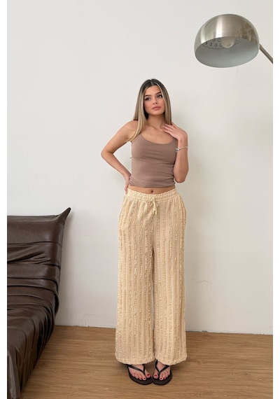 Giysa Kadın Beli Ayarlanabilir Fırfır Detaylı Çift Cepli Pantolon Bej - Ms0001626