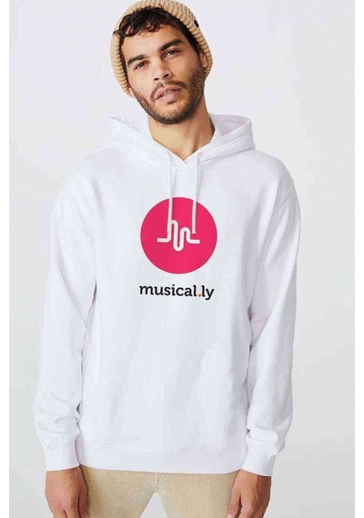 Musically Logo Ly Baskılı Beyaz Erkek Örme Kapşonlu Sweatshirt