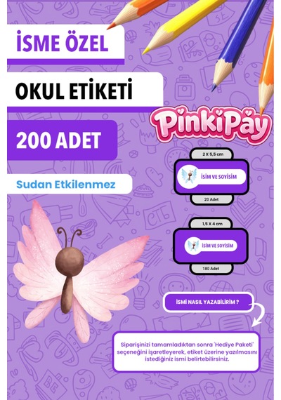 İsim Yazılabilir Sevimli Kelebekler Temalı Okul Etiketi Kalem & Defter İçin 200 Adet Çoklu