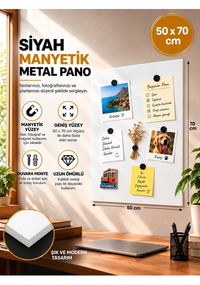 Mooly Beyaz Manyetik Metal Pano 50x70 Cm, Dekoratif Fotoğraf Ve Not Panosu 50 x 70