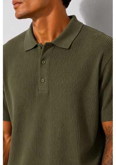 Ribana Erkek Kısa Kollu Fitilli Yarım Düğme Kapama Polo Yaka T-shirt 26001 Haki
