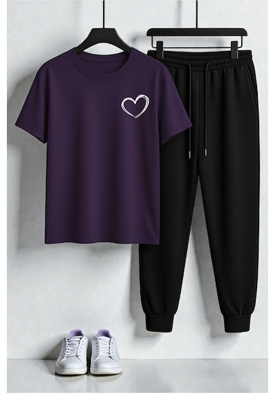Uyguntarz Unisex Minimal Kalp Baskılı Tasarım Baskılı Tişört - 2'li Eşofman Takımı Mor