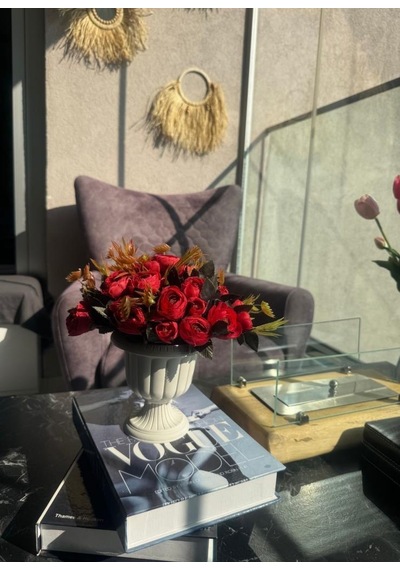 Yapay Çiçek Krem Antik Saksıda Kırmızı Erengül 23cm