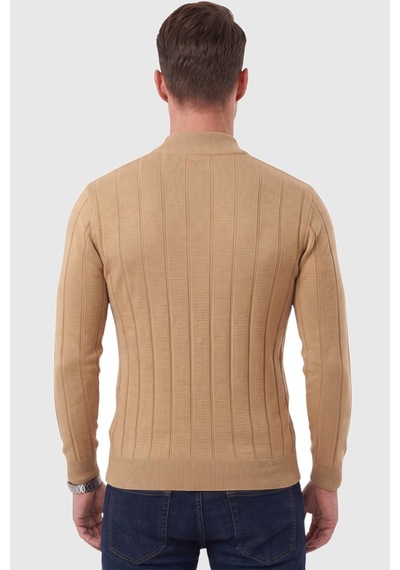 Rizzup Erkek Slim Fit Yarım Balıkçı Yaka Çizgi Dokulu Camel Triko Kazak 2505503