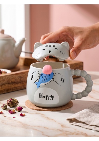 Sevimli Kedi Kapaklı Kaşıklı Seramik Kupa Mavi
