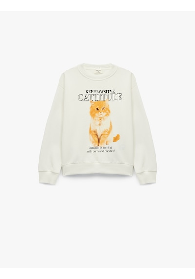 Koton Pamuklu Uzun Kollu Bisiklet Yaka Kedi Baskılı Sweatshirt Ekru 6wkg10364ak Ekru