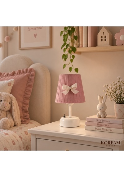 Gül Kurusu Pembe Keten Kumaş Kız Çocuk Odası Pilli Masa & Gece Lambası Çok Renkli