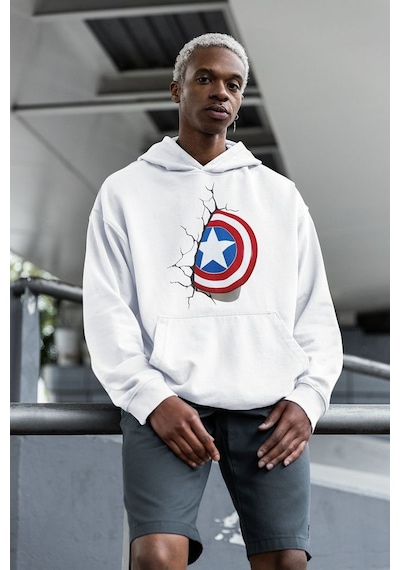 Sevbano Marvel Kaptan Amerika Baskılı Unisex Oversize Yenilmezler Hoodie Beyaz