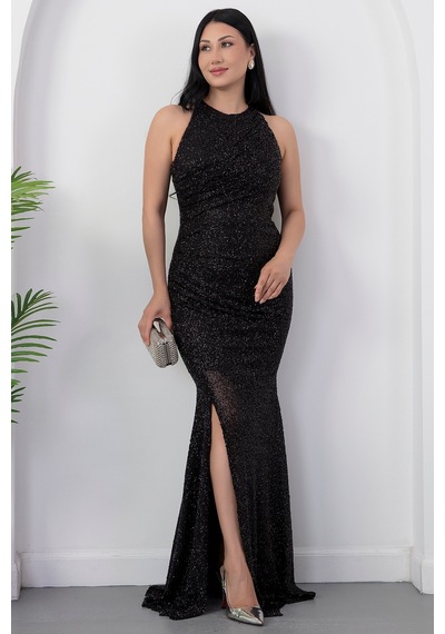 Kalopya Halter Yaka Yırtmaçlı Boncuklu Elbise 41099 Siyah