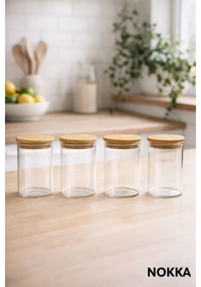 4 Adet Vakumlu Bambu Kapaklı Borosilikat Baharatlık, 8 Cm, Saklama Kabı, Çerezlik 150 Ml Diğer
