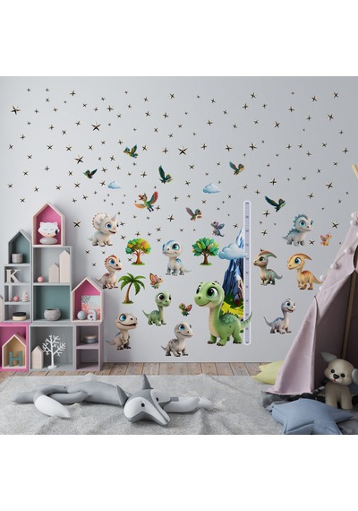 Sevimli Dinazorlar Temalı Boy Ölçerli Duvar Sticker Seti - Mat, Sökülebilir, Çocuk Odası Dekoru 01