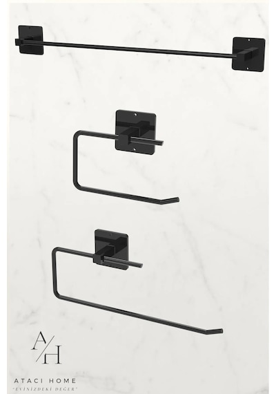 Atacı Yapışkanlı Siyah Uzun Havluluk Rulo Havluluk Peçetelik Wc Kağıtlık 3'lü Pratik Banyo Mutfak Set Siyah