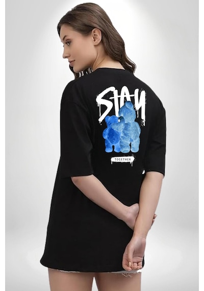 Birlikte Kal Siyah Oversize Unisex Ön Ve Sırt Baskılı Tişört Siyah