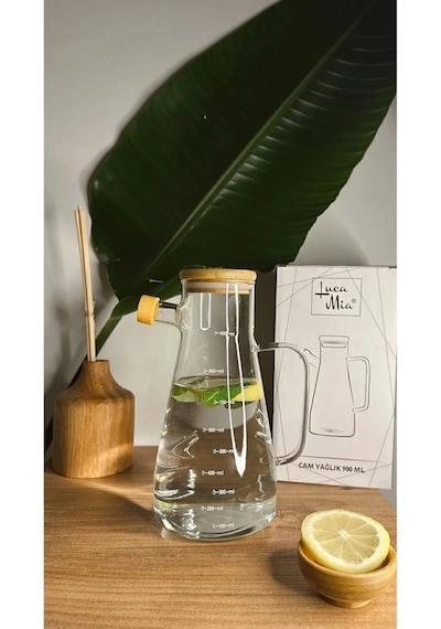Bambu Kapaklı Cam Yağdanlık 900 Ml