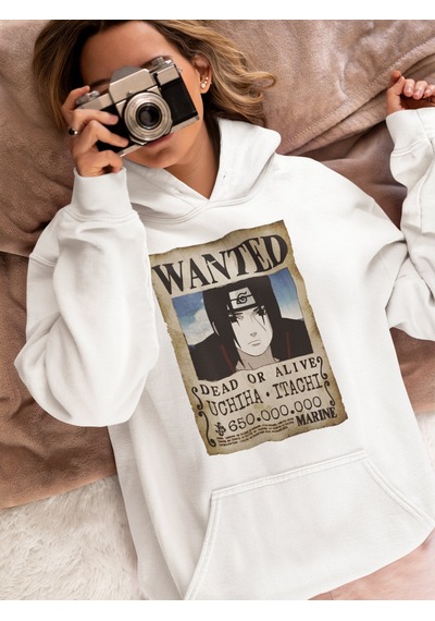Sevbano Wanted Uchiha Itachi Baskılı Unisex Oversize Naruto Anime Hoodie beyaz