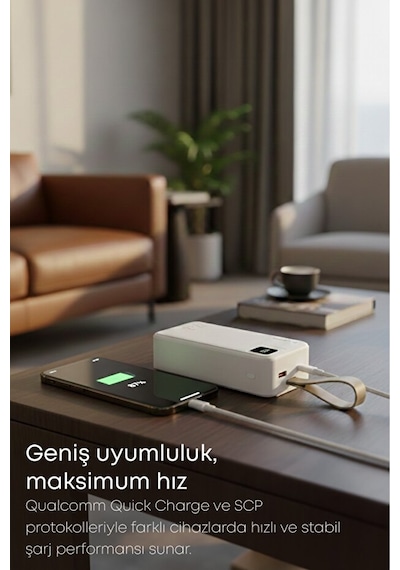 Taşınabilir 30.000 Mah Powerbank 22.5w Pd Hızlı Şarj, Led Gösterge, Android & Apple Uyumlu iOS Beyaz