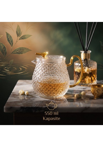 Isıya Dayanıklı Altın Sarısı Kulplu Cam Demlik 550 Ml Çeyiz Alışverişi Sunum Ürünü Mutfak Dekoru
