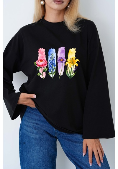 Herkesemoda Renkli Çiçekler Baskılı Tesettüre Uygun Oversize Body Siyah