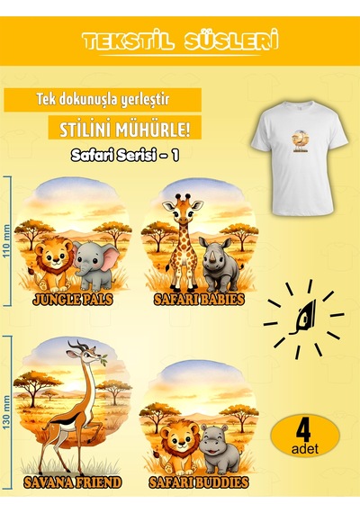 Ütü Ile Yapışan Kıyafet Etiketi Safari Serisi -1 4lü Set Karışık