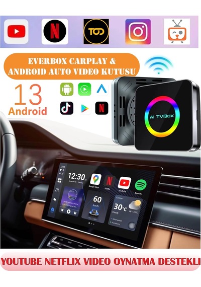 Everbox Android 13 Carplay Android Auto Aı Box, 4gb Ram 32gb Rom, Netflix Youtube Video Oynatma Destekli